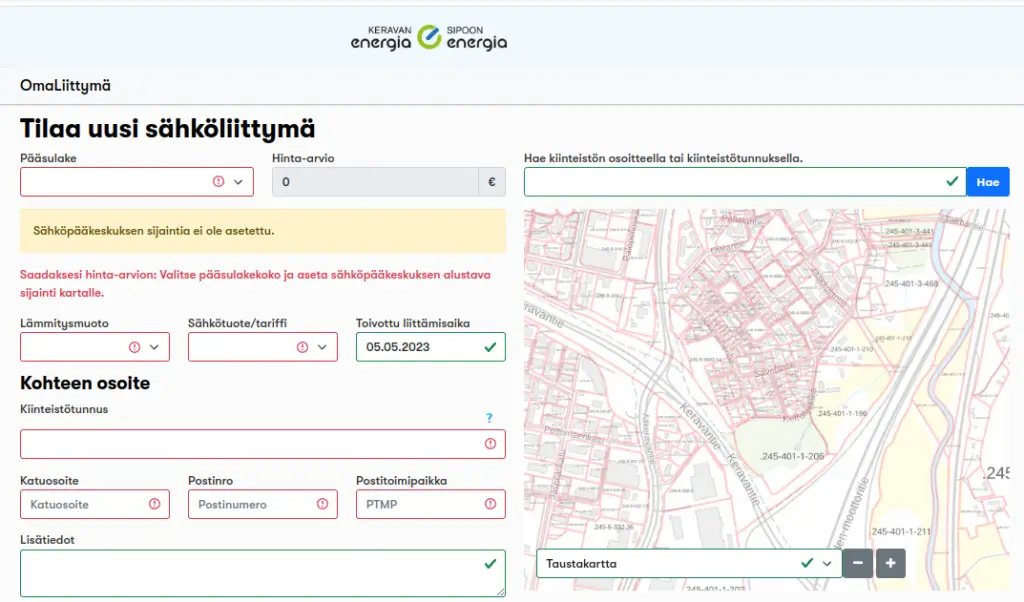 OmaPalvelu — liittymätilauksen karttapohjainen näkymä
